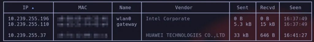 Screenshot of the scan of a private network for testing.