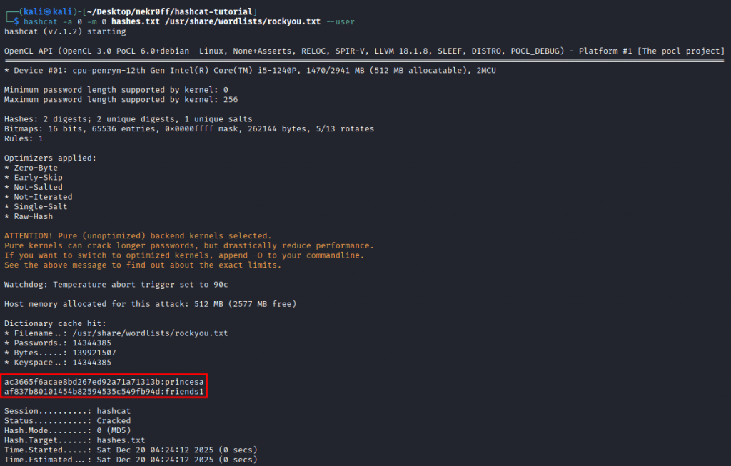 MD5 hash password cracked with hashcat