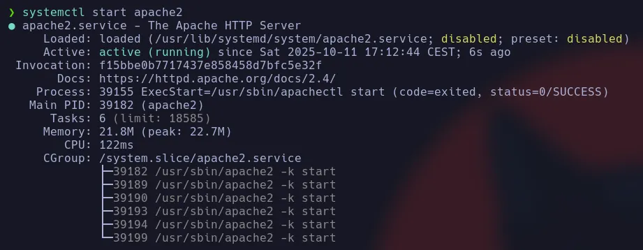 Screenshot of the start of Apache2